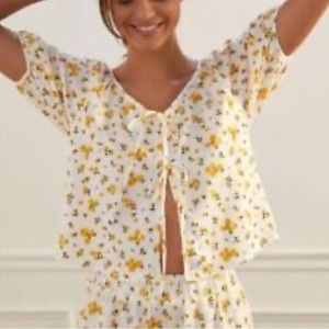 Anthropologie Cotton White Floral Print Pijama Set Size XXS
